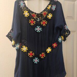 Nwt Rain boho Peasant Cottagecore Oversize blue crochet floral tunic XL